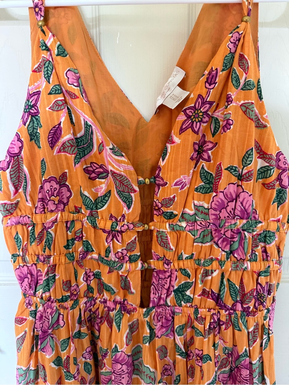 Caroline Constas Mustard Yellow Floral Midi Dress with Pink Blooms - Picture 5 of 6